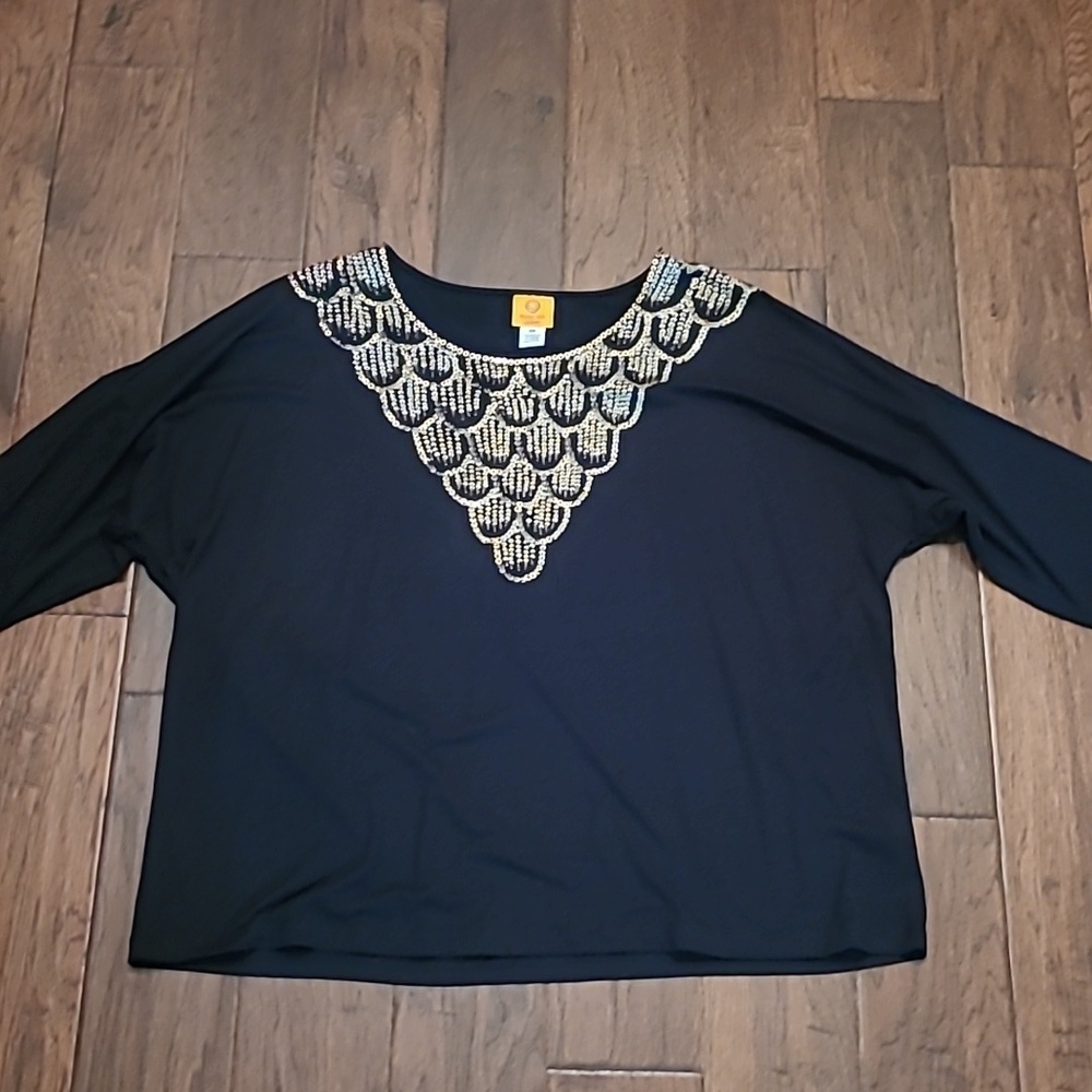 Ruby Rd women's 3/4 length sleeve black shirt with gold sequin detail size 2X